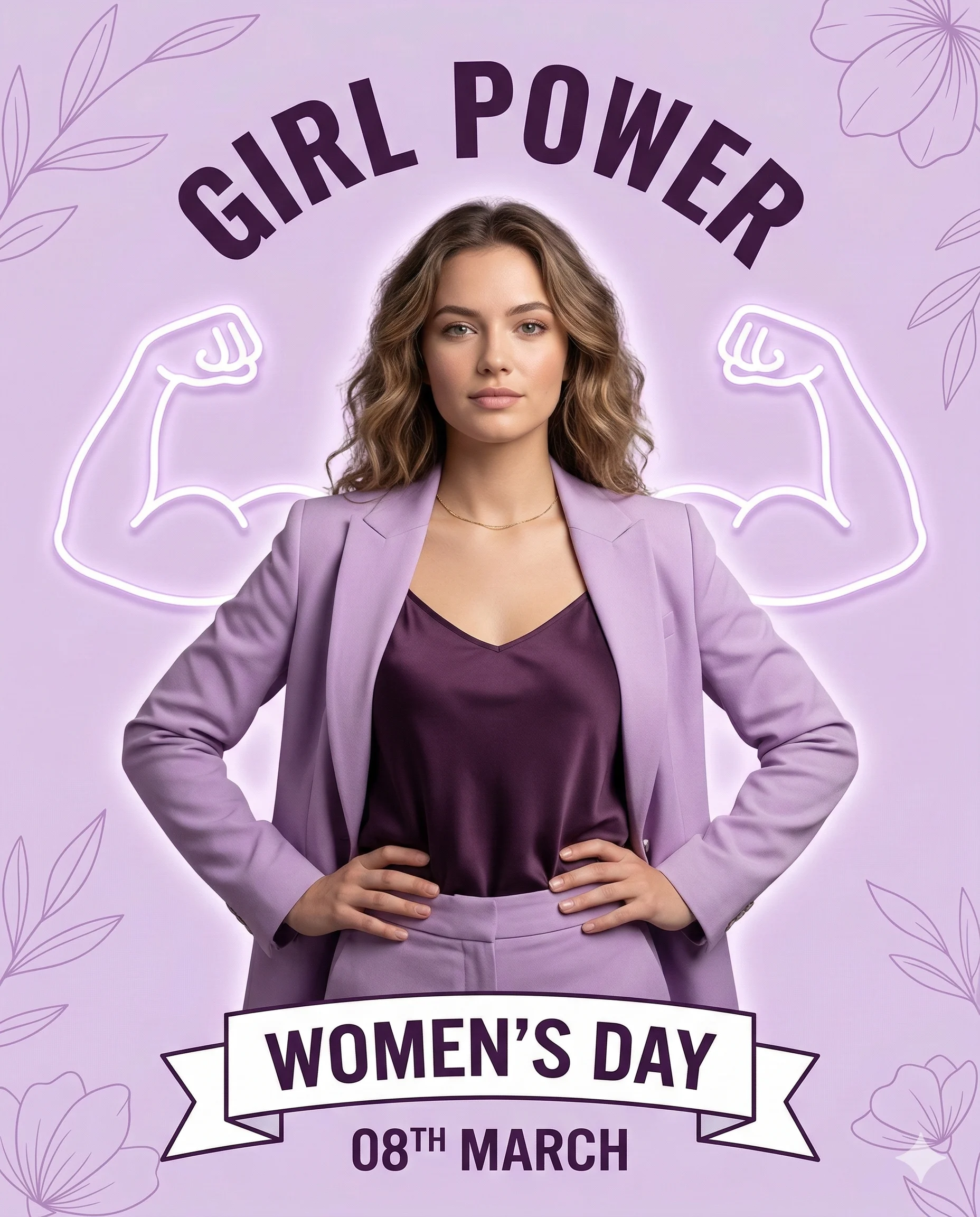 Girl Power Women's Day Poster AI Photo Editing Prompt. AI generated digital illustration poster of a woman in a purple suit standing confidently with neon flexing arm graphics and Women's Day text.