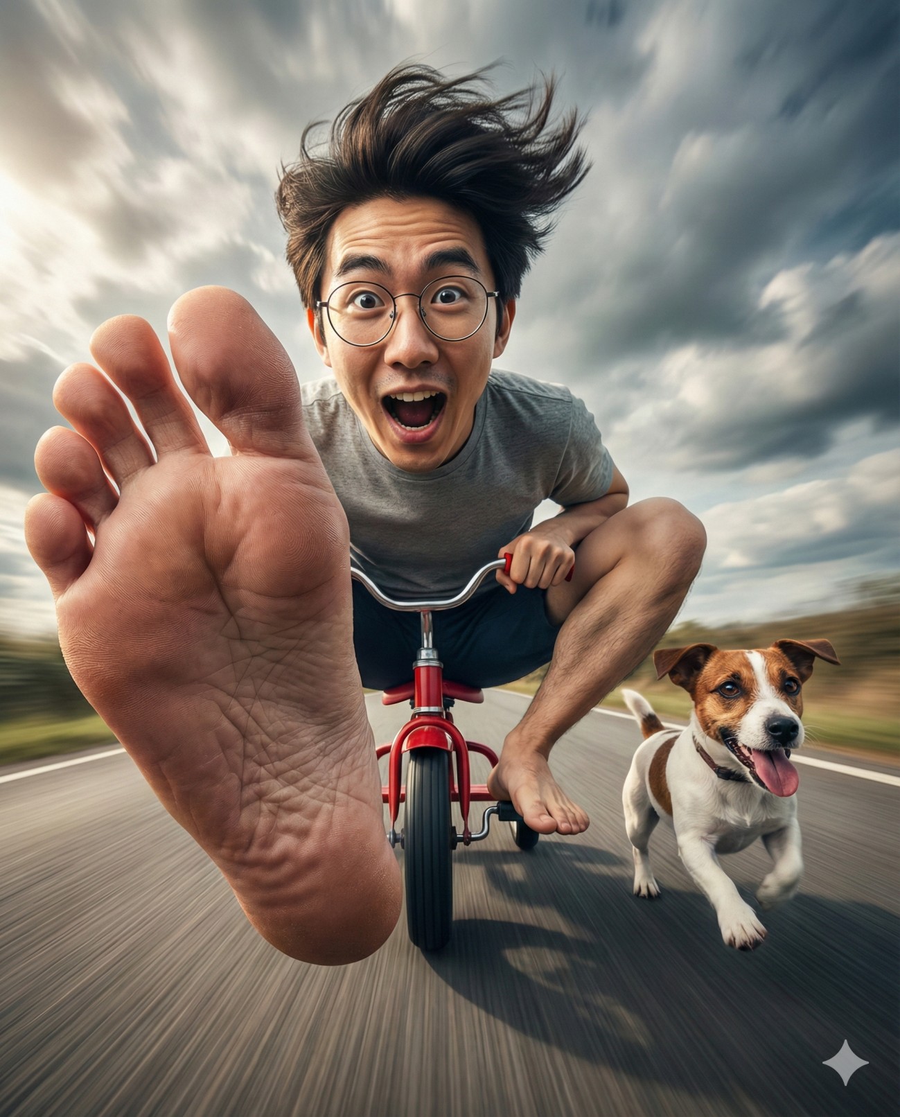 Surreal shot of a man on a red tricycle thrusting a giant bare foot toward the camera, racing a Jack Russell Terrier down a motion-blurred road.