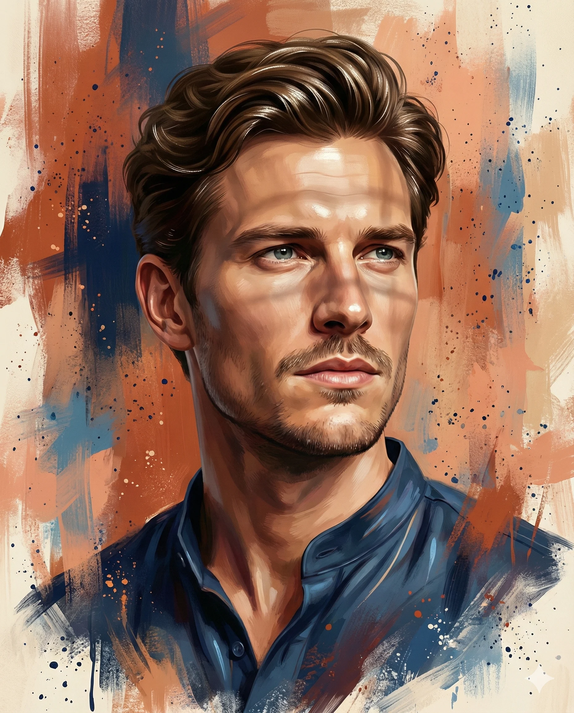 Gemini said Expressive digital portrait of a man with blue eyes, set against painterly terracotta and blue brushstrokes with bold textures.