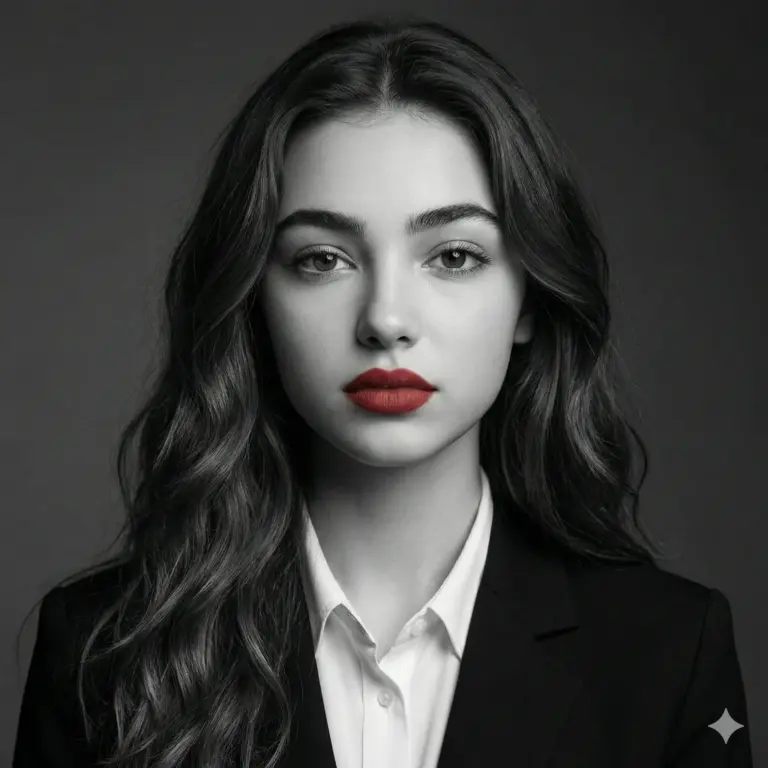 Sophisticated monochrome headshot of a woman in a blazer, featuring a bold pop of vibrant red lipstick. Her long wavy hair and direct gaze create a striking, cinematic aesthetic.