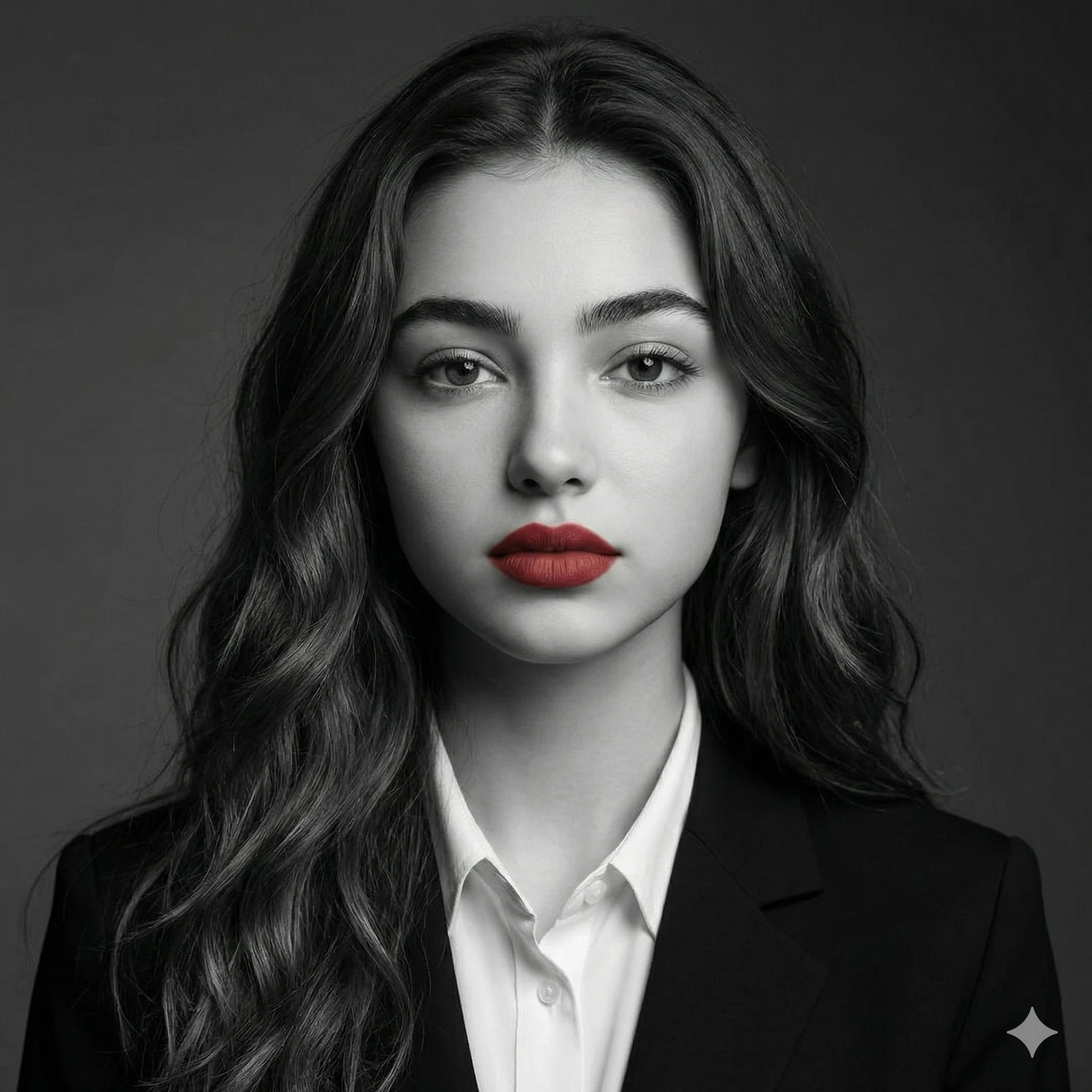 Sophisticated monochrome headshot of a woman in a blazer, featuring a bold pop of vibrant red lipstick. Her long wavy hair and direct gaze create a striking, cinematic aesthetic.