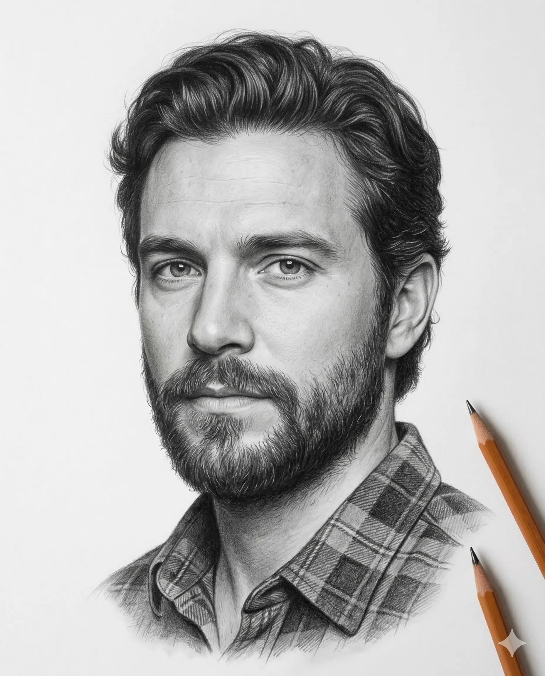 Bearded Man Pencil Sketch AI Photo Editing Prompt. AI generated pencil sketch portrait of a bearded man with wavy hair wearing a flannel shirt on white paper.