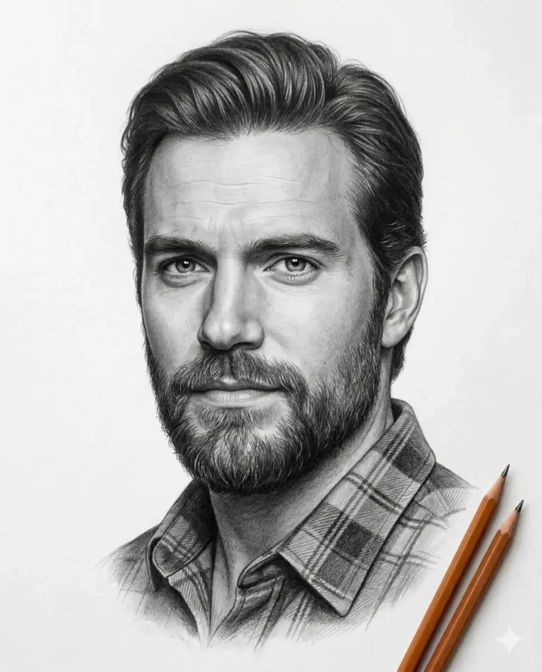 Man in Flannel Sketch AI Photo Editing Prompt. AI generated pencil sketch portrait of a bearded man with styled hair wearing a plaid flannel shirt.