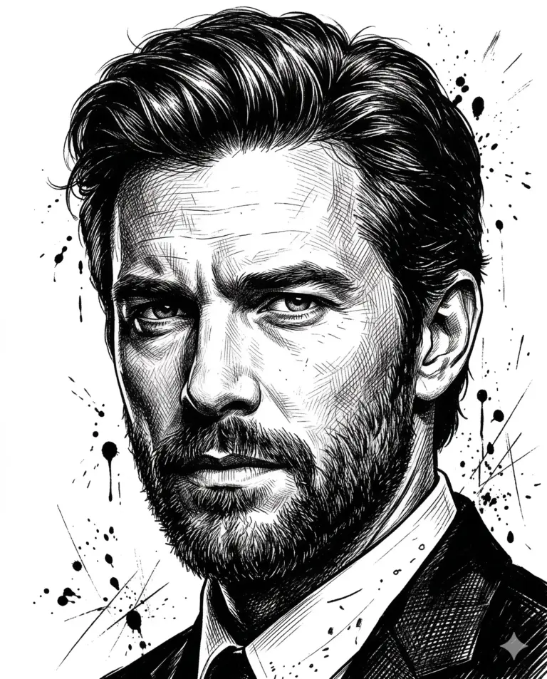 Neo-noir Ink Illustration Portrait Prompt. AI generated black and white ink illustration portrait of a bearded man with styled hair wearing a formal suit and tie featuring artistic splatters.