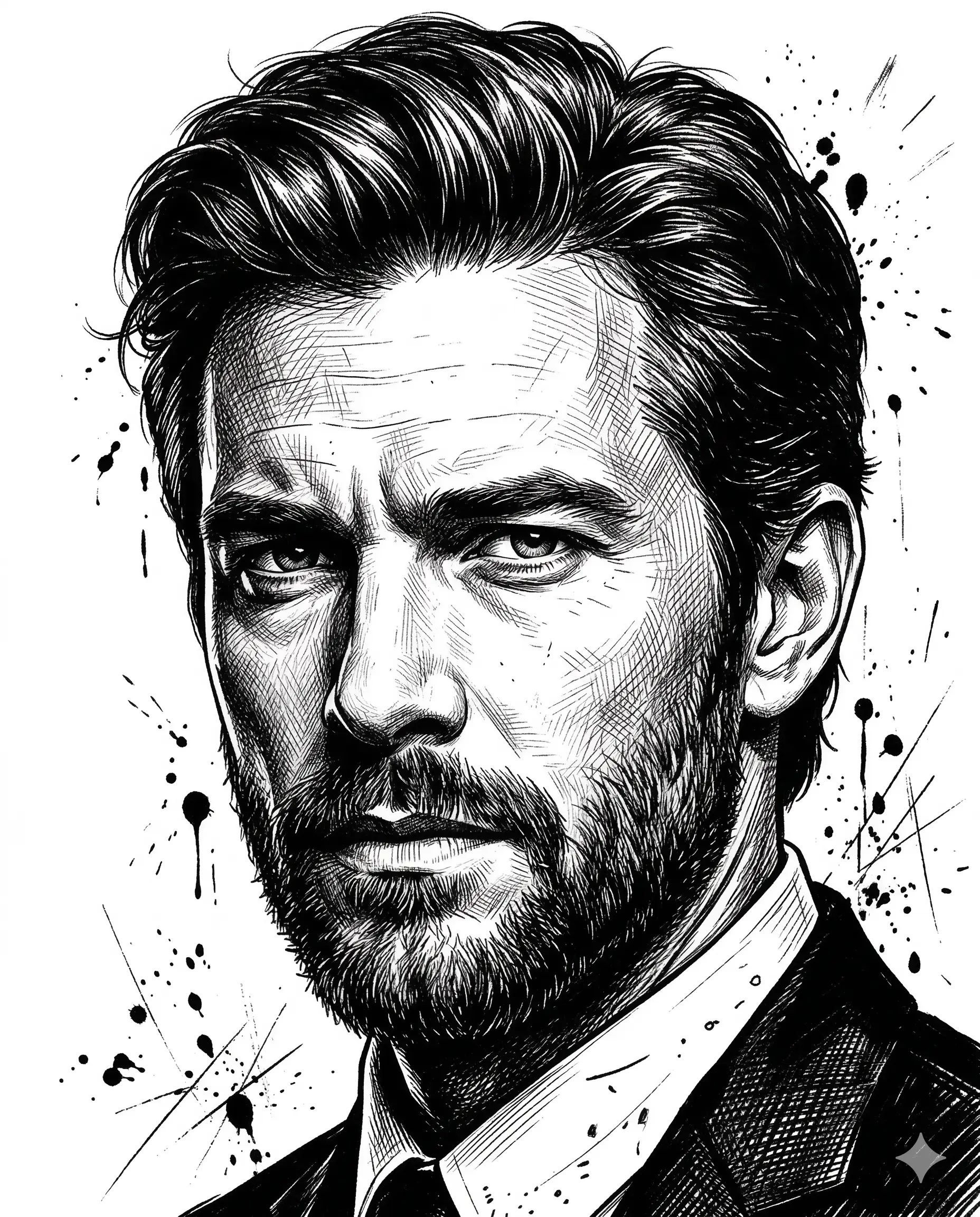 Neo-noir Ink Illustration Portrait Prompt. AI generated black and white ink illustration portrait of a bearded man with styled hair wearing a formal suit and tie featuring artistic splatters.