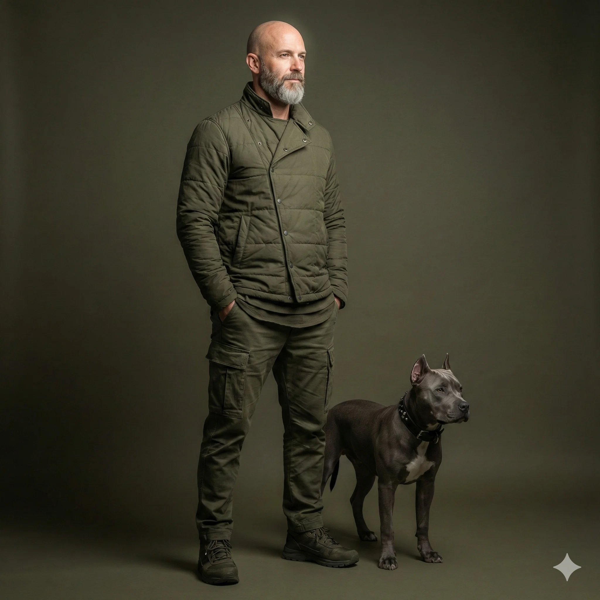 Bearded Man and Pitbull AI Photo Editing Prompt. AI studio portrait of a bald, bearded man in olive quilted gear standing with a Pitbull dog.