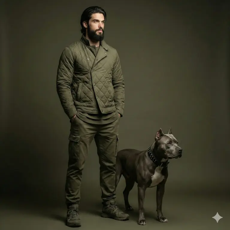 Man and Pitbull in Olive Gear AI Photo Editing Prompt. AI studio portrait of a bearded man in olive quilted gear standing with a Pitbull dog.