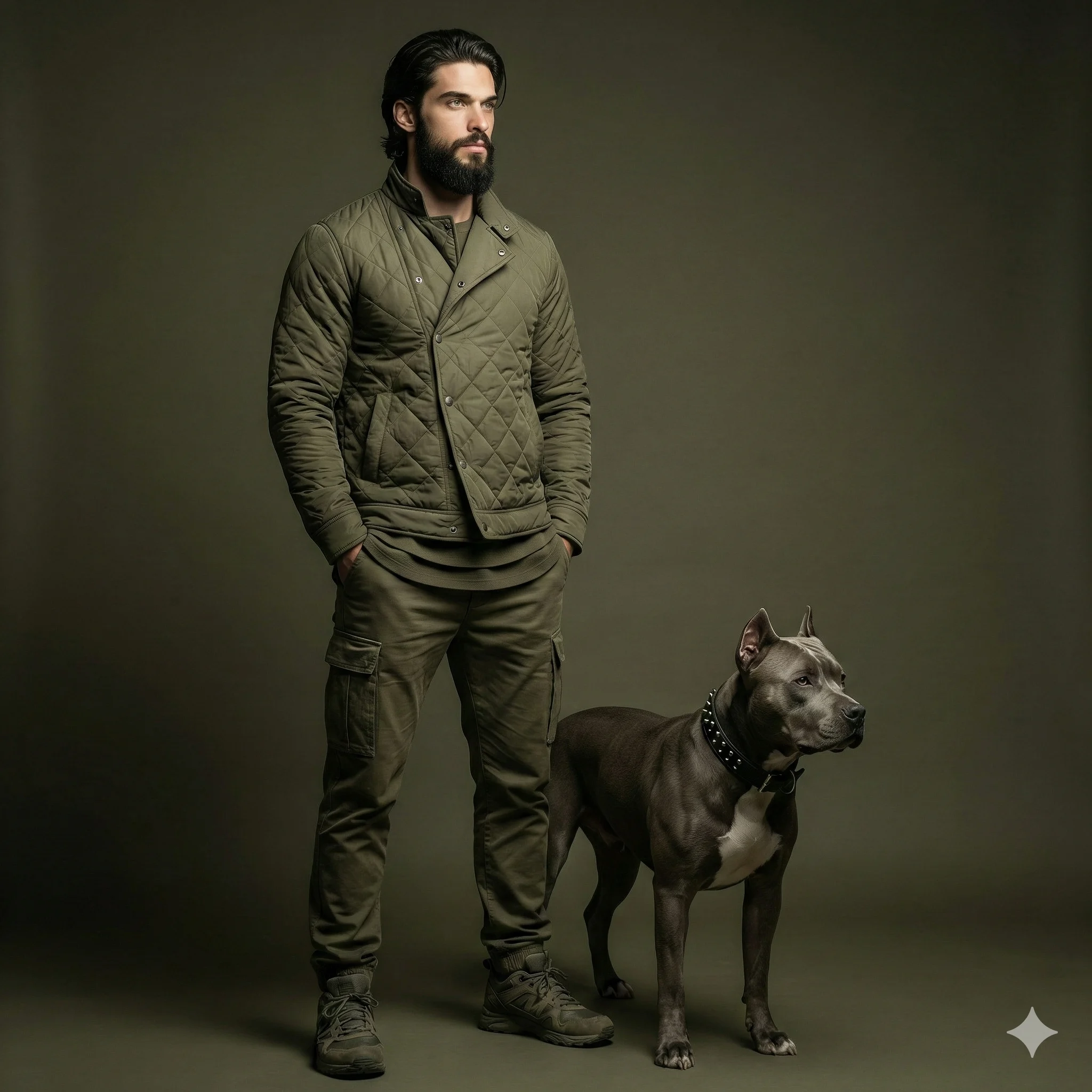 Man and Pitbull in Olive Gear AI Photo Editing Prompt. AI studio portrait of a bearded man in olive quilted gear standing with a Pitbull dog.