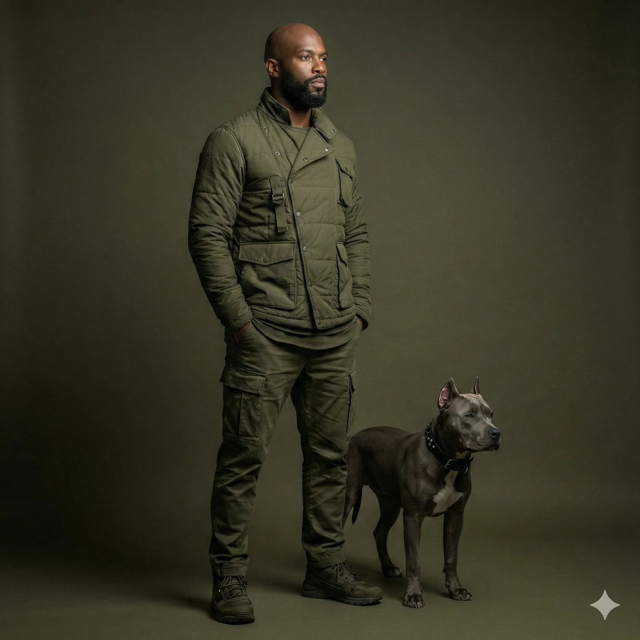 Bearded Black Man and Pitbull AI Photo Editing Prompt. AI generated studio portrait of a bald man in olive quilted tactical gear standing with a grey Pitbull.