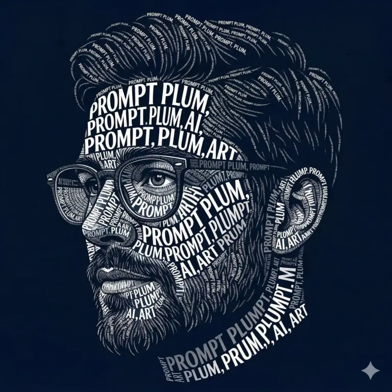 Typography Portrait AI Photo Editing Prompt. AI generated digital typography illustration of a man with glasses and a beard artistically composed of repeating white text against a dark background.