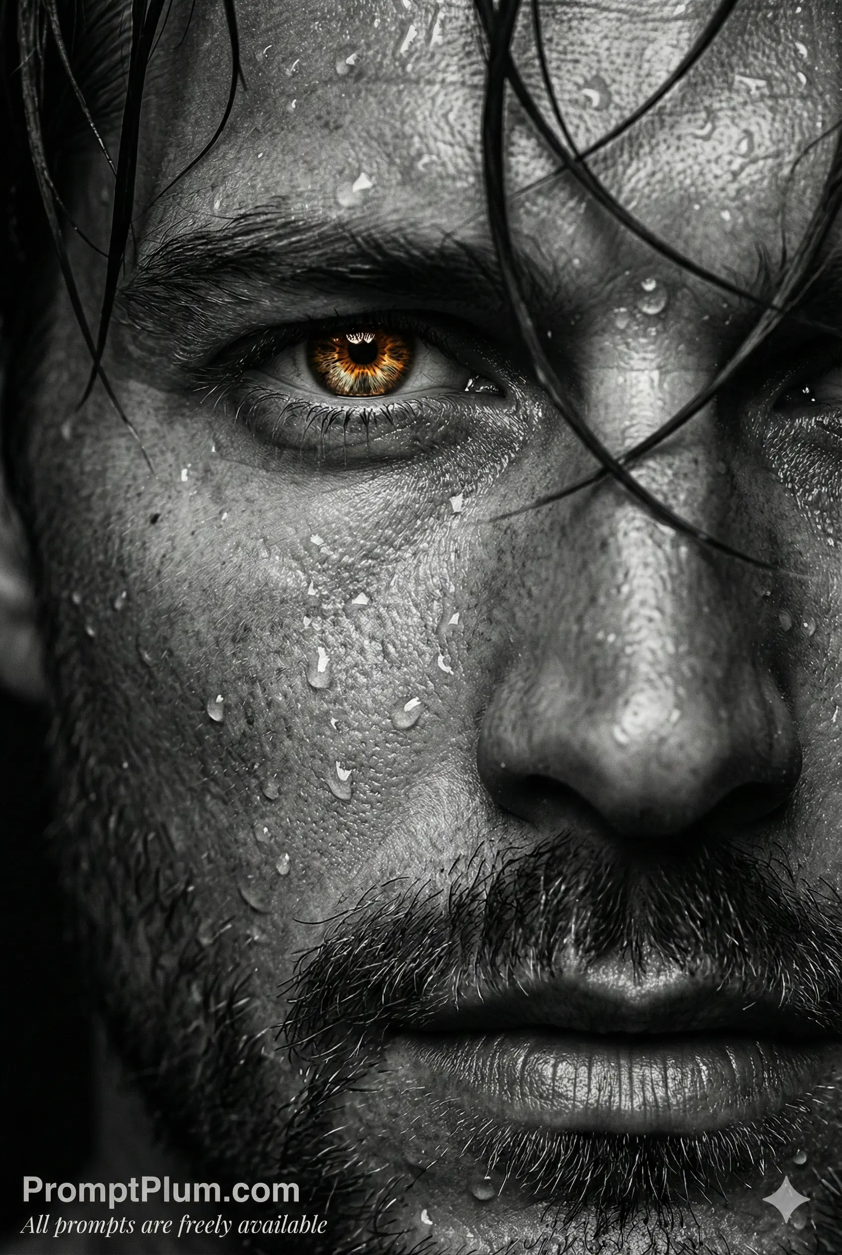 Cinematic B&W close-up of a man's face with glistening water droplets. A single, glowing amber eye pierces through the monochrome. Moody and hyper-realistic.