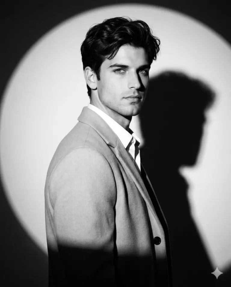 Black and White Man in Spotlight AI Photo Editing Prompt. AI generated high-fashion studio portrait of a man wearing a tailored coat casting a sharp shadow under dramatic circular lighting.