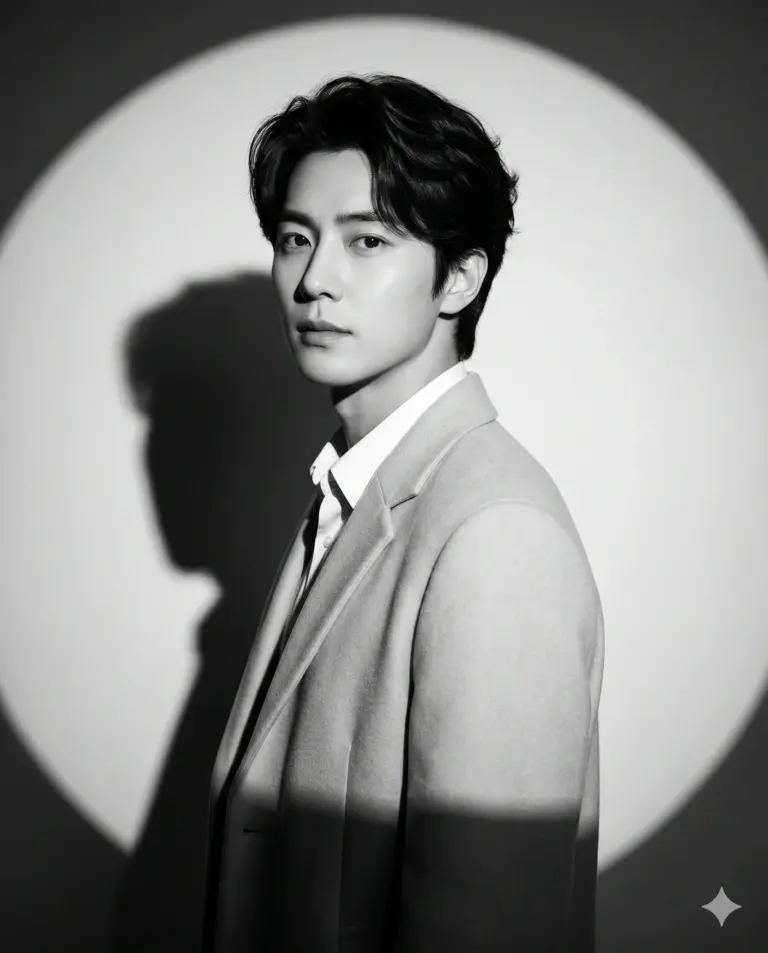 AI generated black and white studio portrait of a young man in a tailored coat, dramatically lit by a circular spotlight casting a sharp shadow.