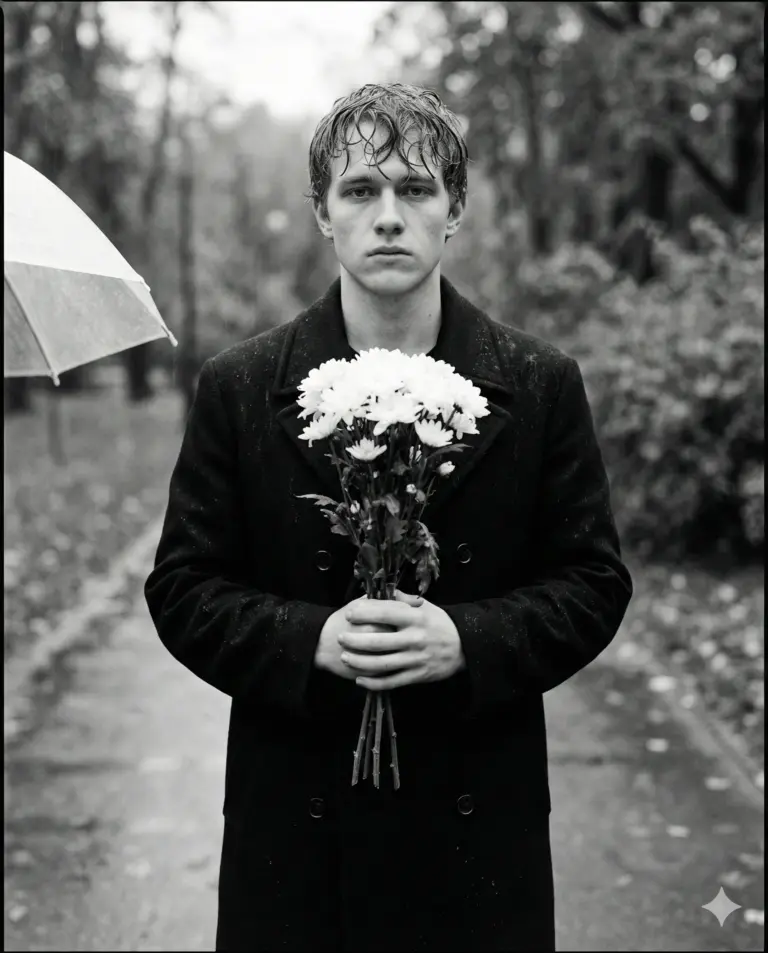 Man with White Flowers in Rain AI Photo Editing Prompt. AI generated black and white portrait of a somber young man with wet hair holding a bouquet of white flowers in a rainy park.