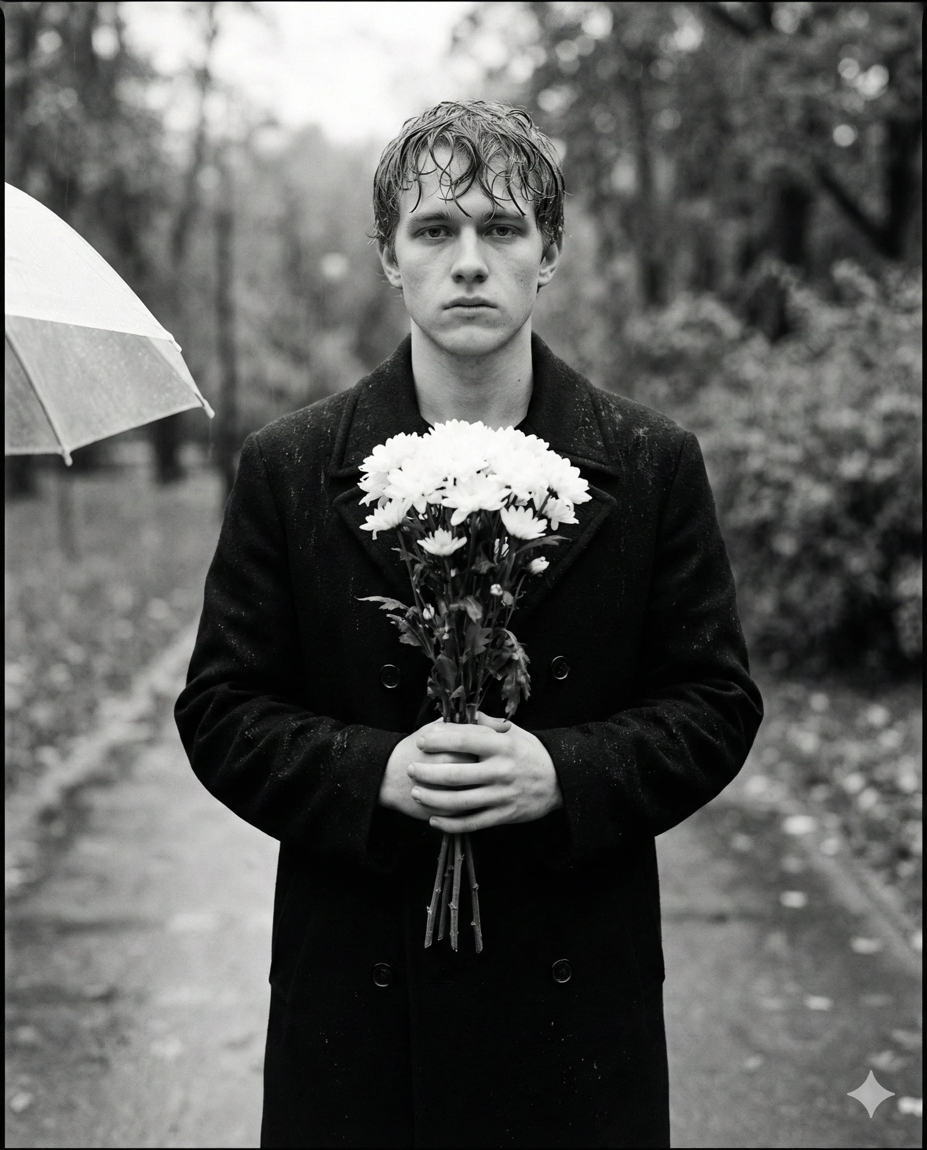 Man with White Flowers in Rain AI Photo Editing Prompt. AI generated black and white portrait of a somber young man with wet hair holding a bouquet of white flowers in a rainy park.