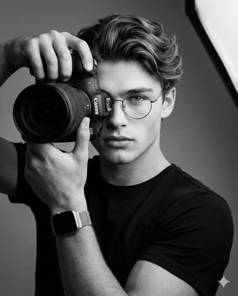 A stylish black and white studio portrait of a young man in glasses holding a Canon DSLR camera to his eye.