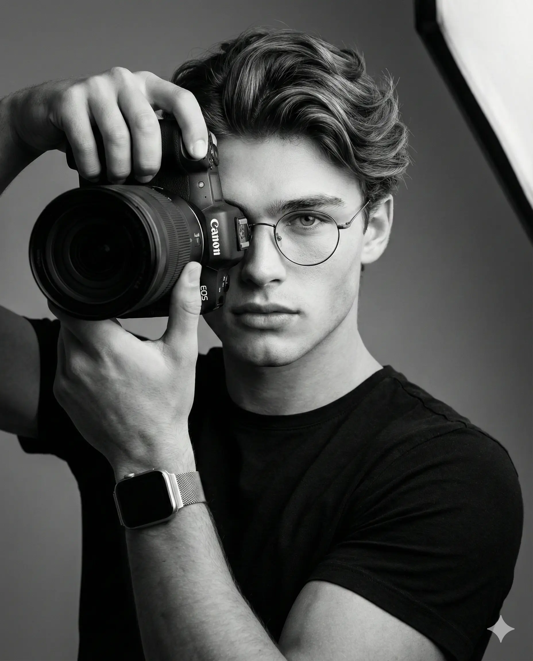 A stylish black and white studio portrait of a young man in glasses holding a Canon DSLR camera to his eye.