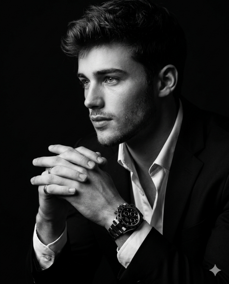 Suited Man Profile Portrait Prompt. AI generated studio portrait photography of a young man in a tailored black suit and white shirt, looking to the side with clasped hands displaying a watch and ring.