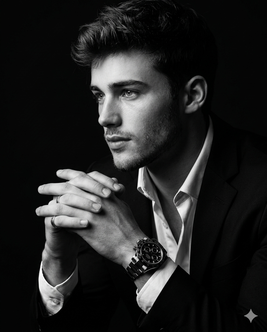 Suited Man Profile Portrait Prompt. AI generated studio portrait photography of a young man in a tailored black suit and white shirt, looking to the side with clasped hands displaying a watch and ring.