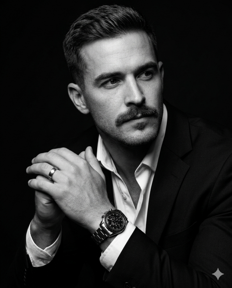 Man in Suit AI Photo Editing Prompt. AI generated B&W studio portrait of a man with a prominent mustache and luxury watch, featuring dramatic lighting and a sharp suit.