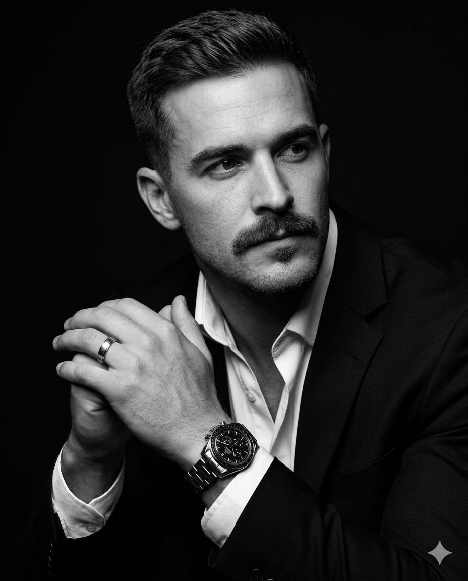 Man in Suit AI Photo Editing Prompt. AI generated B&W studio portrait of a man with a prominent mustache and luxury watch, featuring dramatic lighting and a sharp suit.