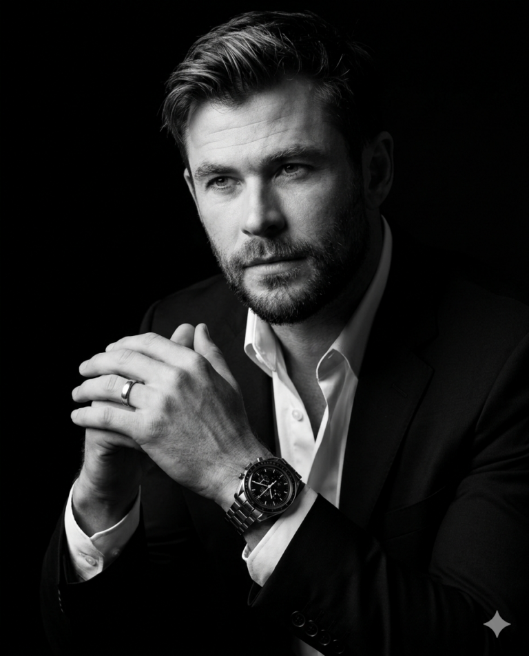 Suited Man Portrait AI Photo Editing Prompt. AI generated B&W studio portrait of a bearded man in a dark suit with clasped hands, a luxury watch, and dramatic cinematic lighting.