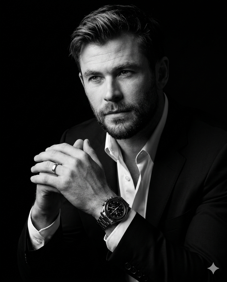 Suited Man Portrait AI Photo Editing Prompt. AI generated B&W studio portrait of a bearded man in a dark suit with clasped hands, a luxury watch, and dramatic cinematic lighting.