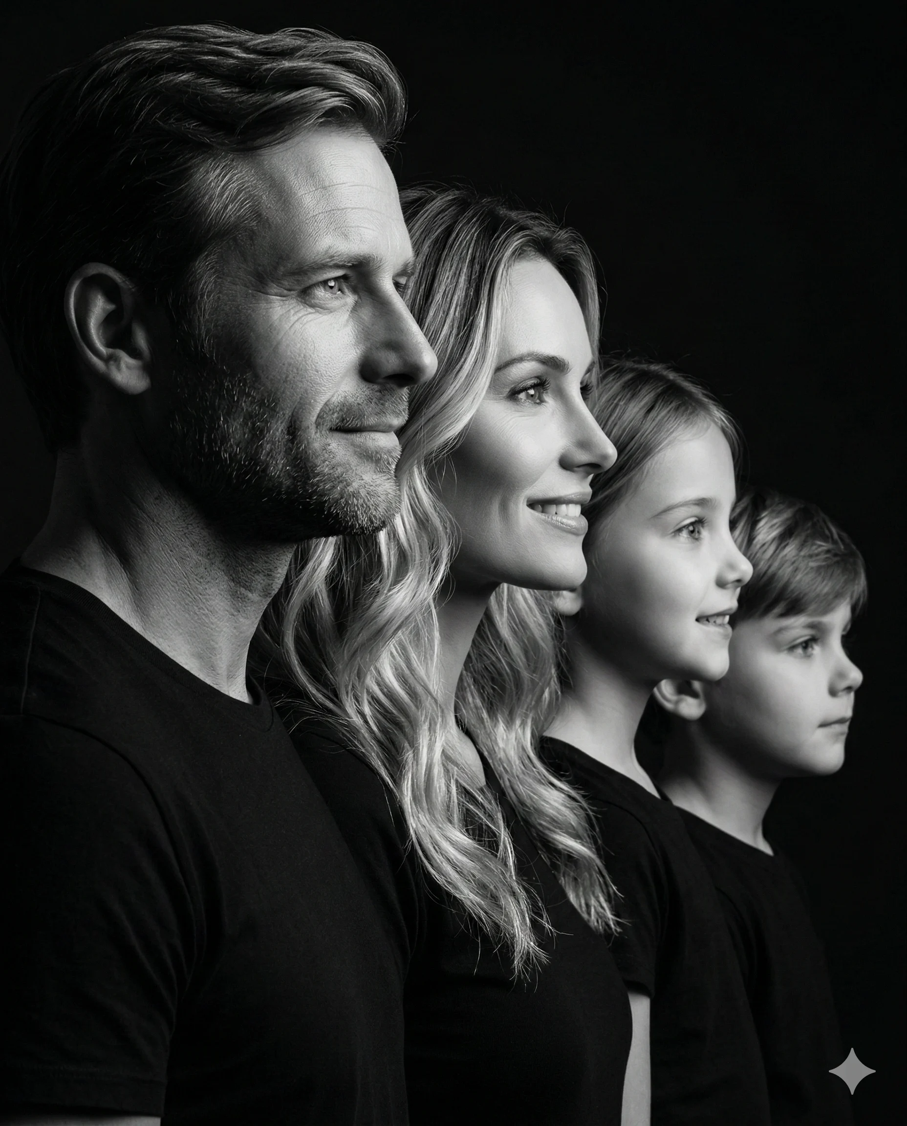 Family Profile in Monochrome AI Photo Editing Prompt. AI generated studio portrait of a father, mother, and two children in black t-shirts, arranged by height in a side-profile composition against a dark background.
