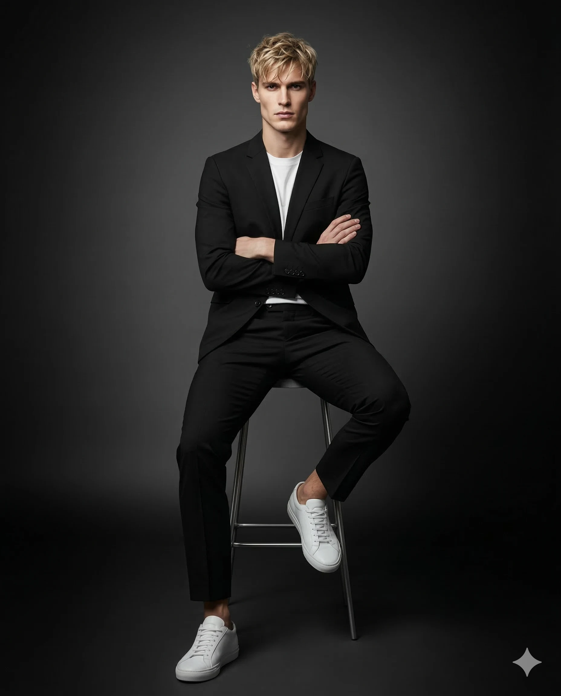 Man in Black Suit and Sneakers AI Photo Editing Prompt. AI generated studio portrait of a blonde man wearing a black suit and white sneakers sitting on a stool with crossed arms.