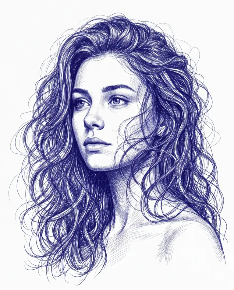 Blue Ink Woman Portrait AI Photo Editing Prompt. AI generated ballpoint pen illustration of a young woman with voluminous wavy hair looking thoughtfully to the side.