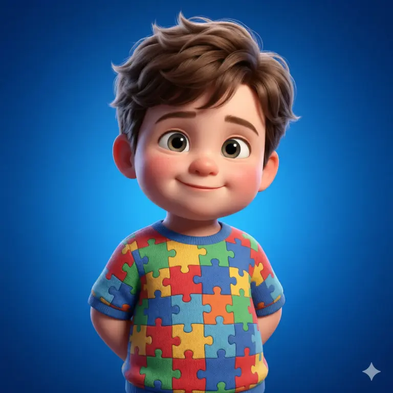 3D Pixar Style Boy in Puzzle Pattern T-Shirt Prompt. AI generated 3D digital illustration of a smiling young boy with wavy brown hair wearing a vibrant puzzle-piece t-shirt against a solid blue background.