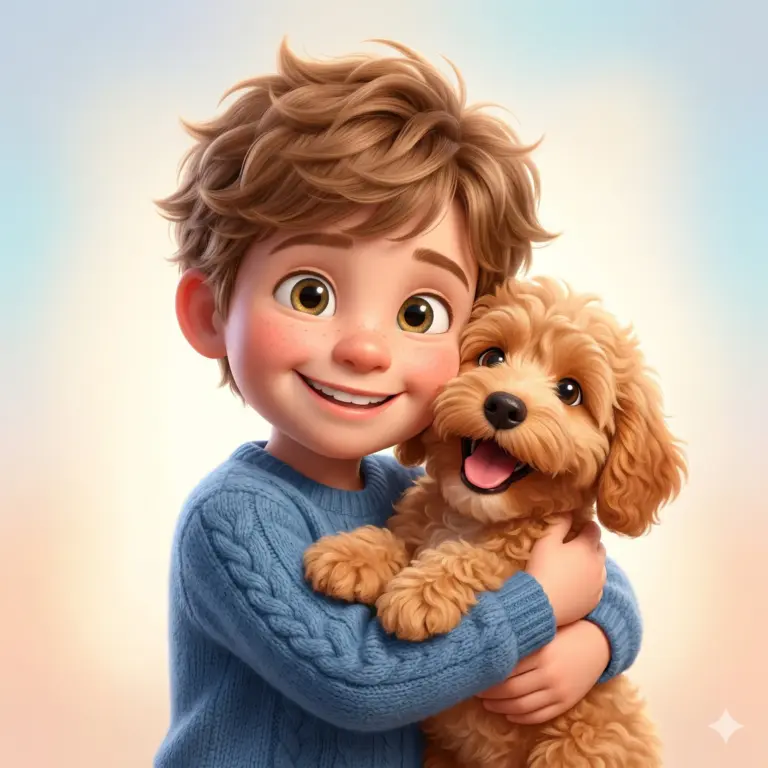 Boy with Puppy AI Photo Editing Prompt. AI generated 3D digital illustration of a smiling boy with curly hair in a blue cable-knit sweater hugging a fluffy brown puppy.