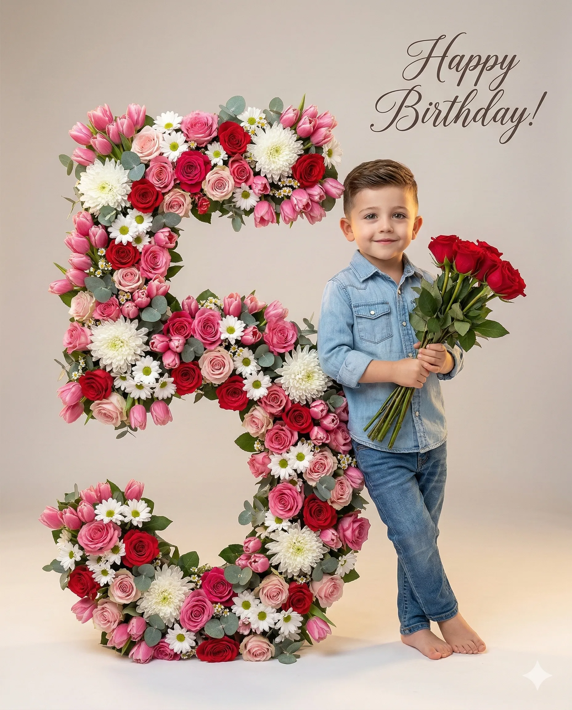 Boy with Floral Number 5 AI Photo Prompt. AI generated studio portrait of a young boy in denim holding red roses next to a large floral number five with "Happy Birthday" text.