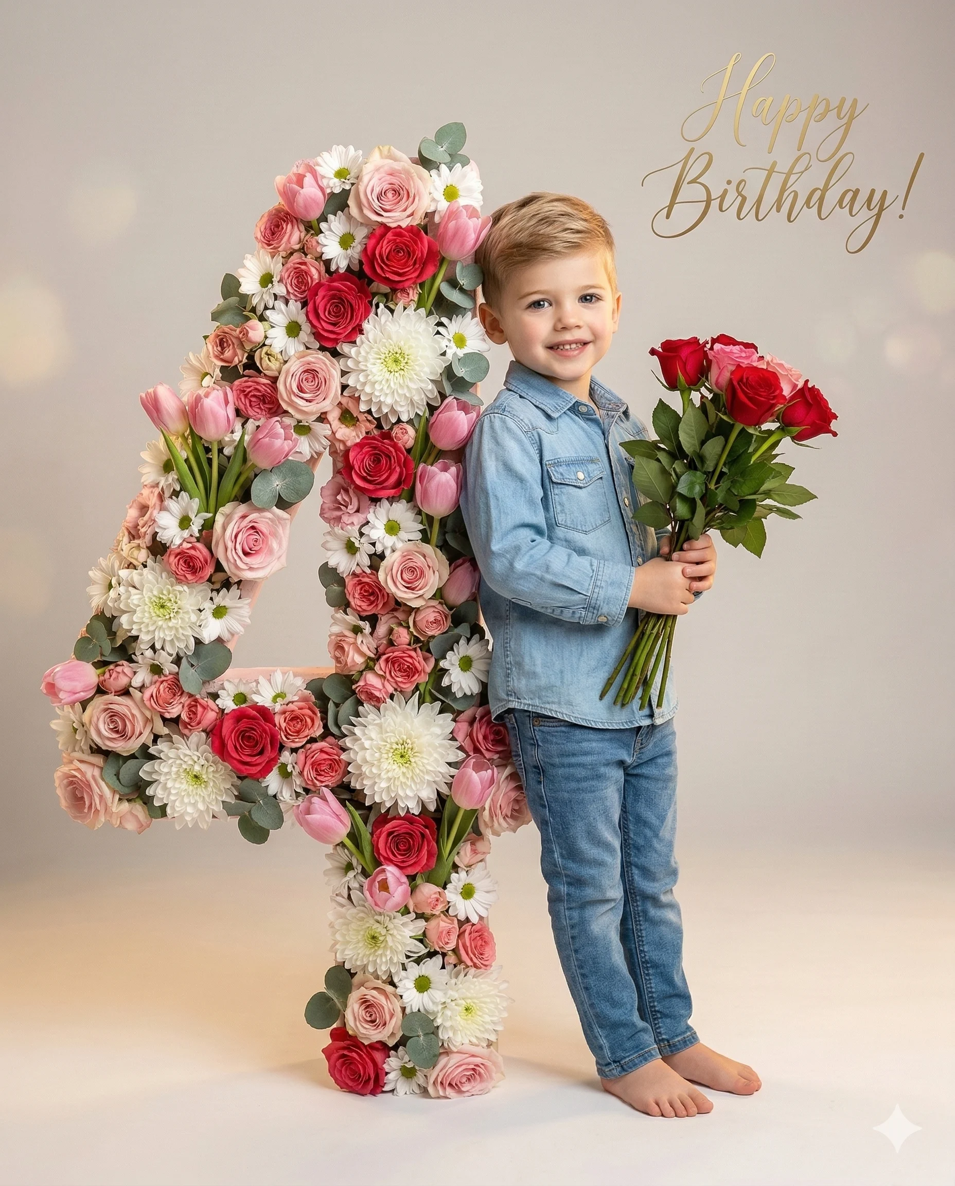 Boy with Floral Number 4 AI Photo Editing Prompt. AI generated digital studio portrait of a young boy in denim holding red roses next to a large floral number four with "Happy Birthday" text.