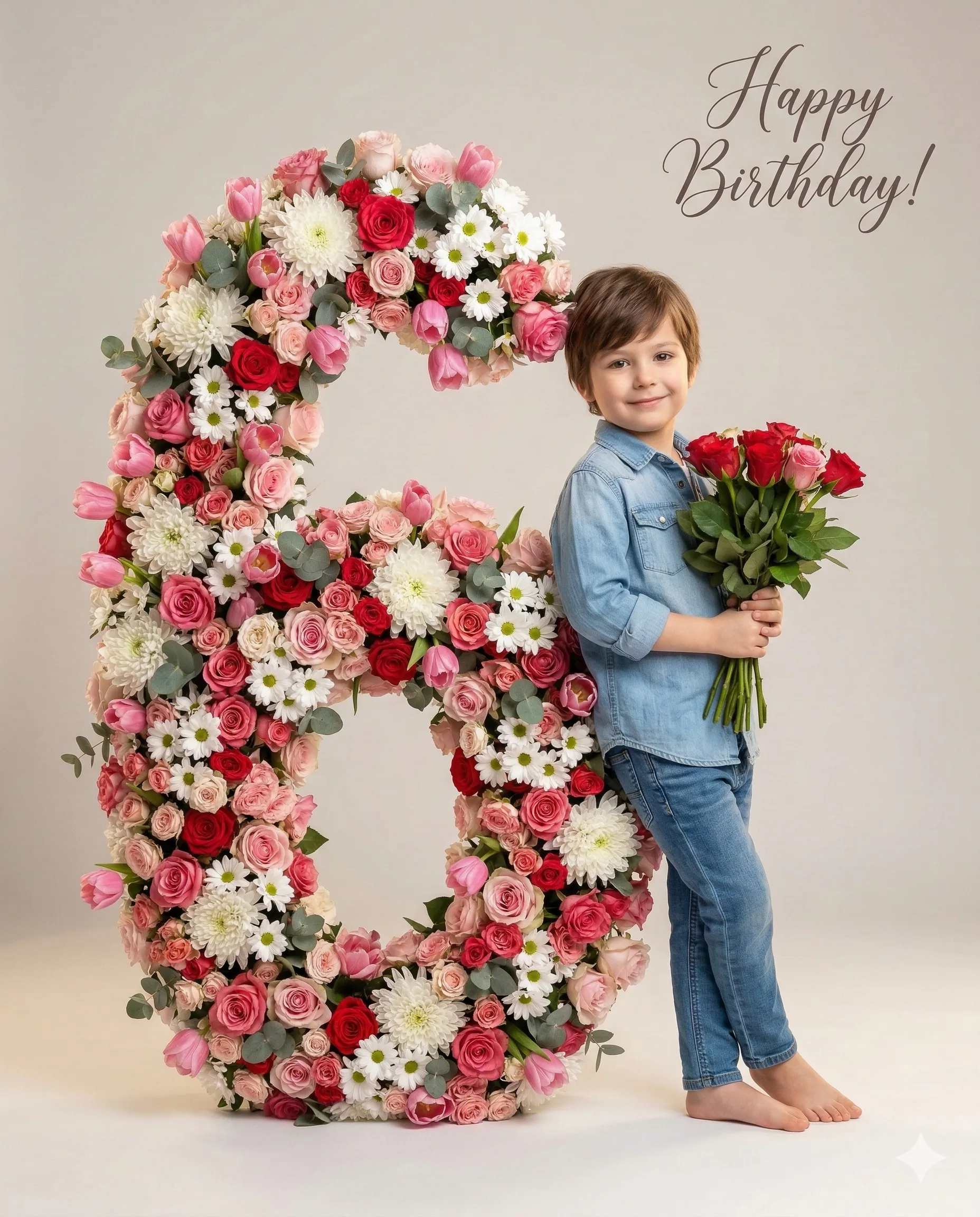 Boy with Floral Number 6 Birthday AI Photo Editing Prompt. AI generated studio portrait of a young boy in denim leaning against a large floral number six while holding a bouquet of roses.