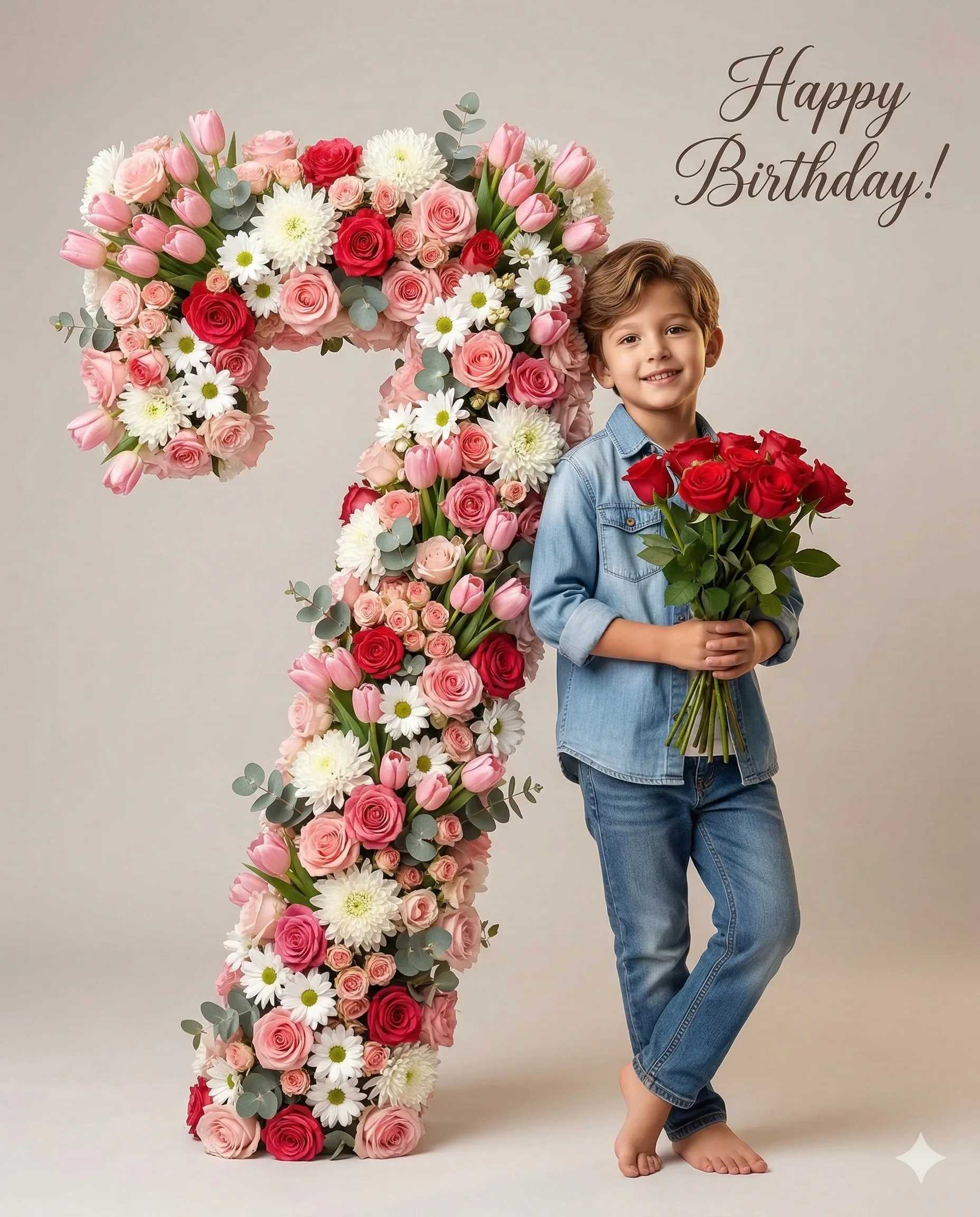 Boy with Floral Number 6 Birthday AI Photo Editing Prompt. AI generated studio portrait of a young boy in denim leaning against a large floral number six while holding a bouquet of roses.