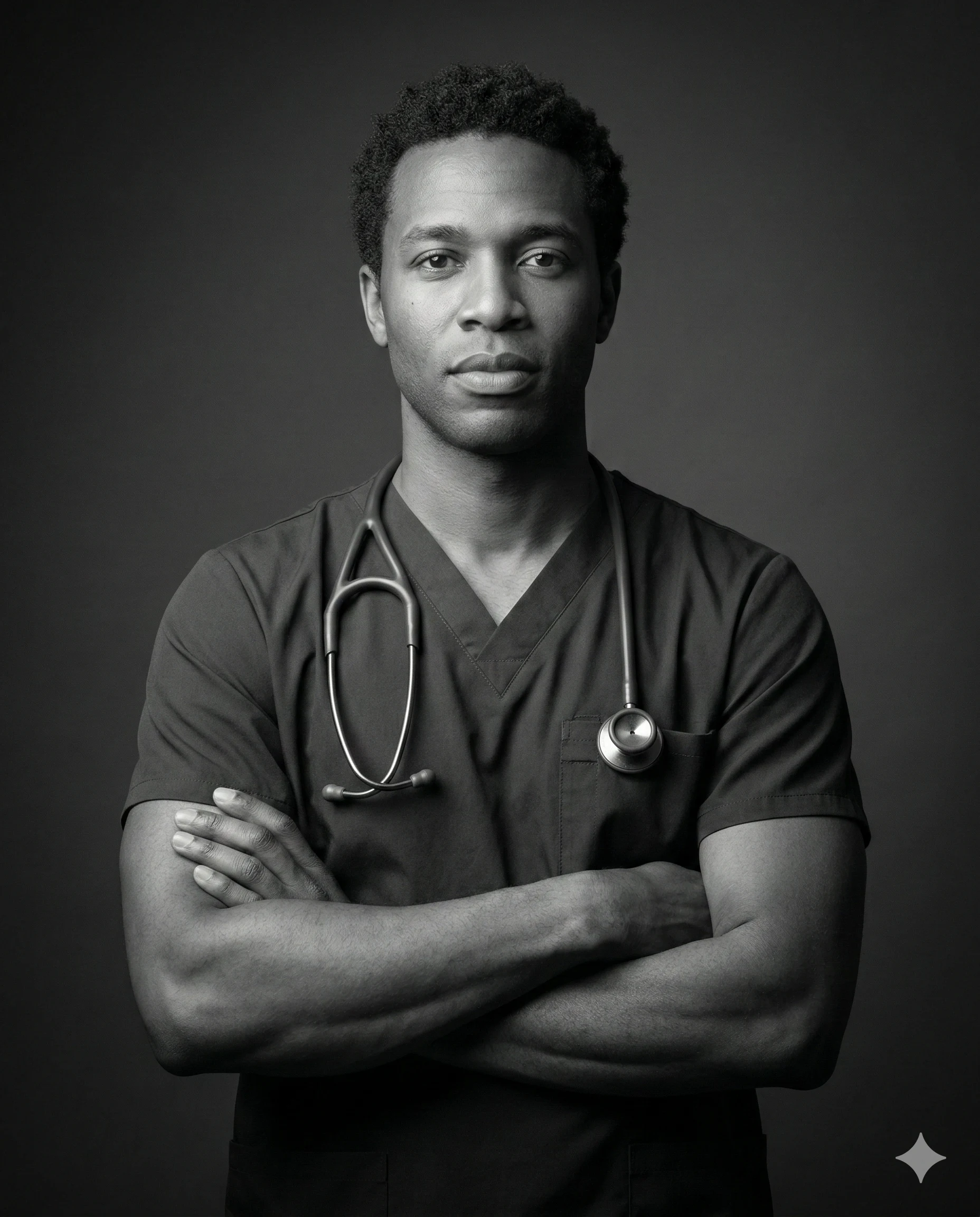 Medical Professional in Scrubs AI Photo Editing Prompt. AI generated black and white studio portrait of a Black male medical professional wearing scrubs and a stethoscope with his arms crossed.