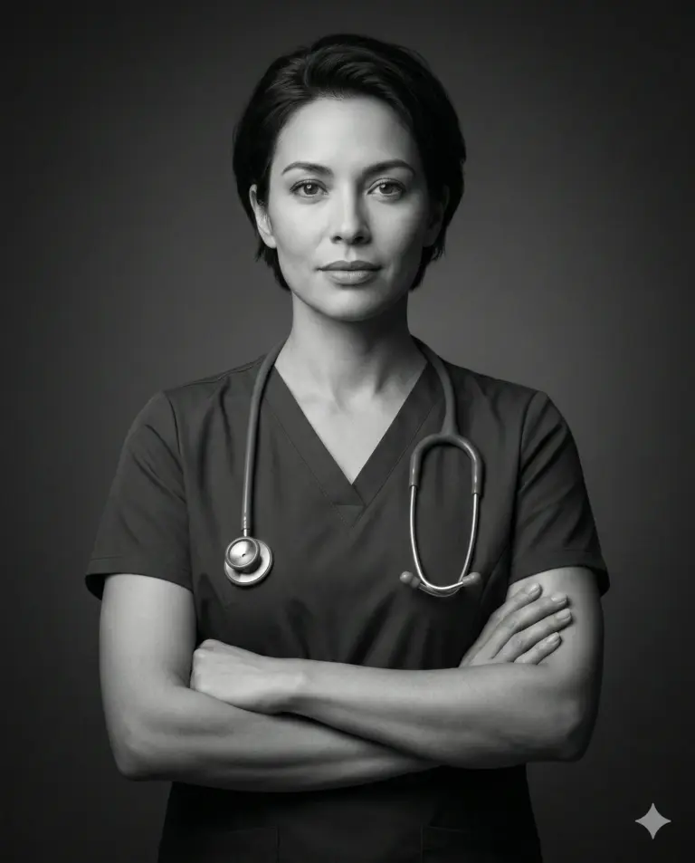 Female Medical Professional AI Photo Editing Prompt. AI generated studio portrait of a woman in medical scrubs with a stethoscope around her neck and her arms crossed.