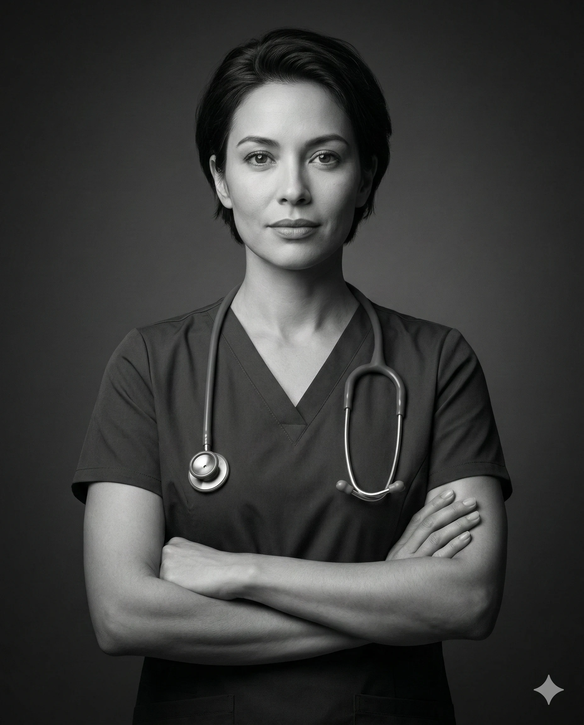 Female Medical Professional AI Photo Editing Prompt. AI generated studio portrait of a woman in medical scrubs with a stethoscope around her neck and her arms crossed.