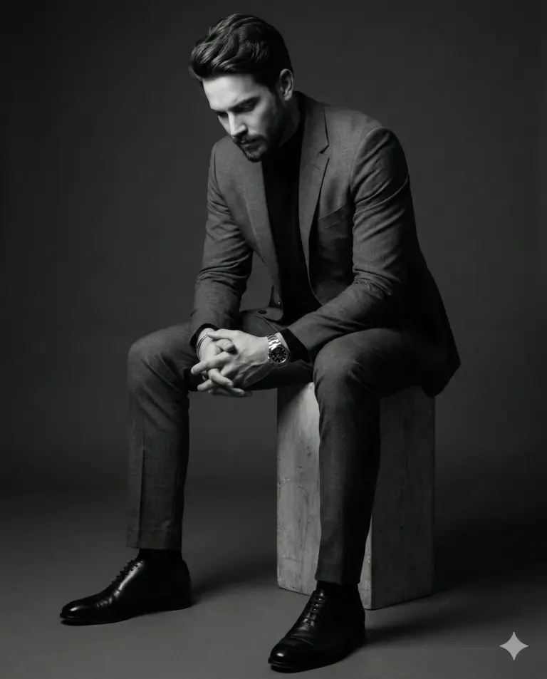 Man in Suit Sitting on Box AI Photo Editing Prompt. AI generated studio portrait of a pensive man in a tailored suit and turtleneck sitting on a concrete block.