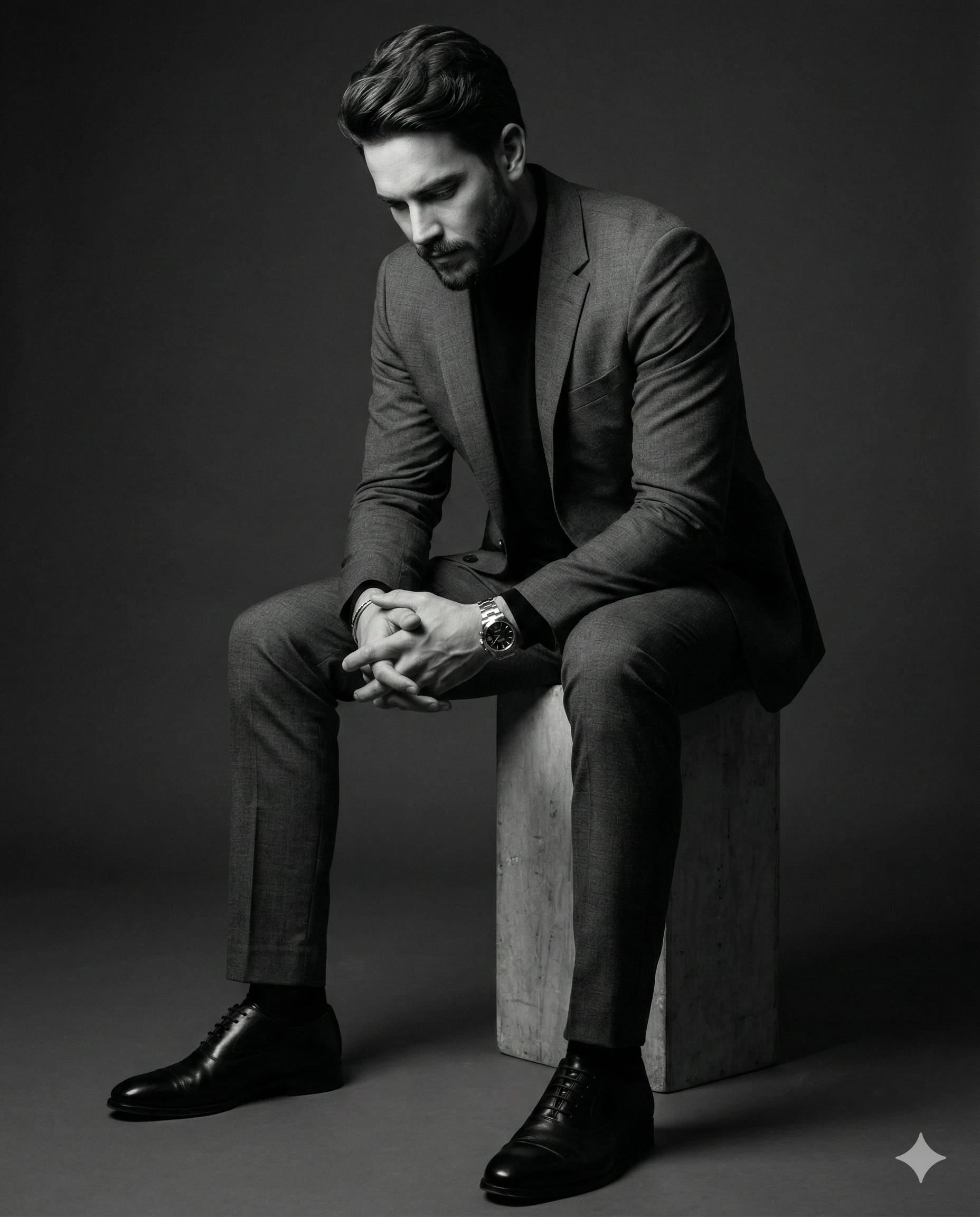 Man in Suit Sitting on Box AI Photo Editing Prompt. AI generated studio portrait of a pensive man in a tailored suit and turtleneck sitting on a concrete block.