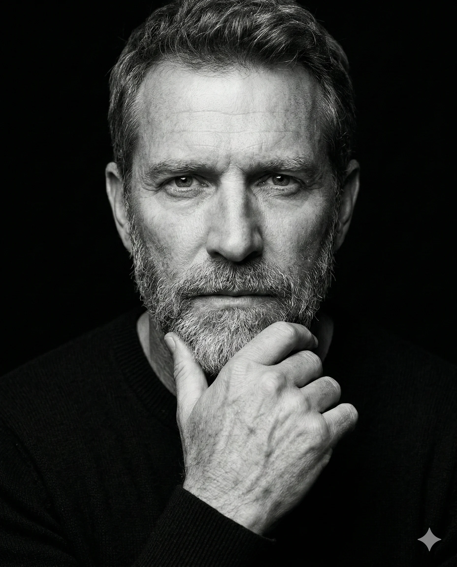 Thoughtful Mature Man AI Photo Editing Prompt. AI generated black and white studio portrait of a pensive bearded man resting his hand on his chin against a dark background.