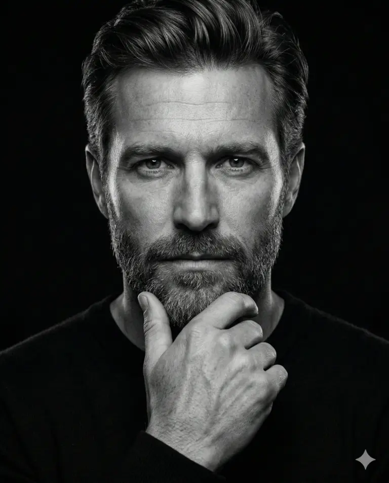 Black and White Thoughtful Man AI Photo Editing Prompt. AI generated black and white studio portrait of a middle-aged man with a groomed beard posing with his hand on his chin.