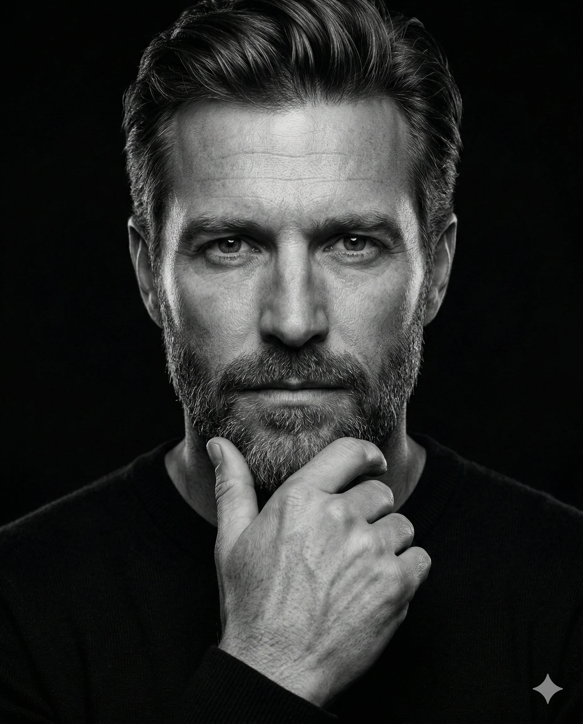 Black and White Thoughtful Man AI Photo Editing Prompt. AI generated black and white studio portrait of a middle-aged man with a groomed beard posing with his hand on his chin.