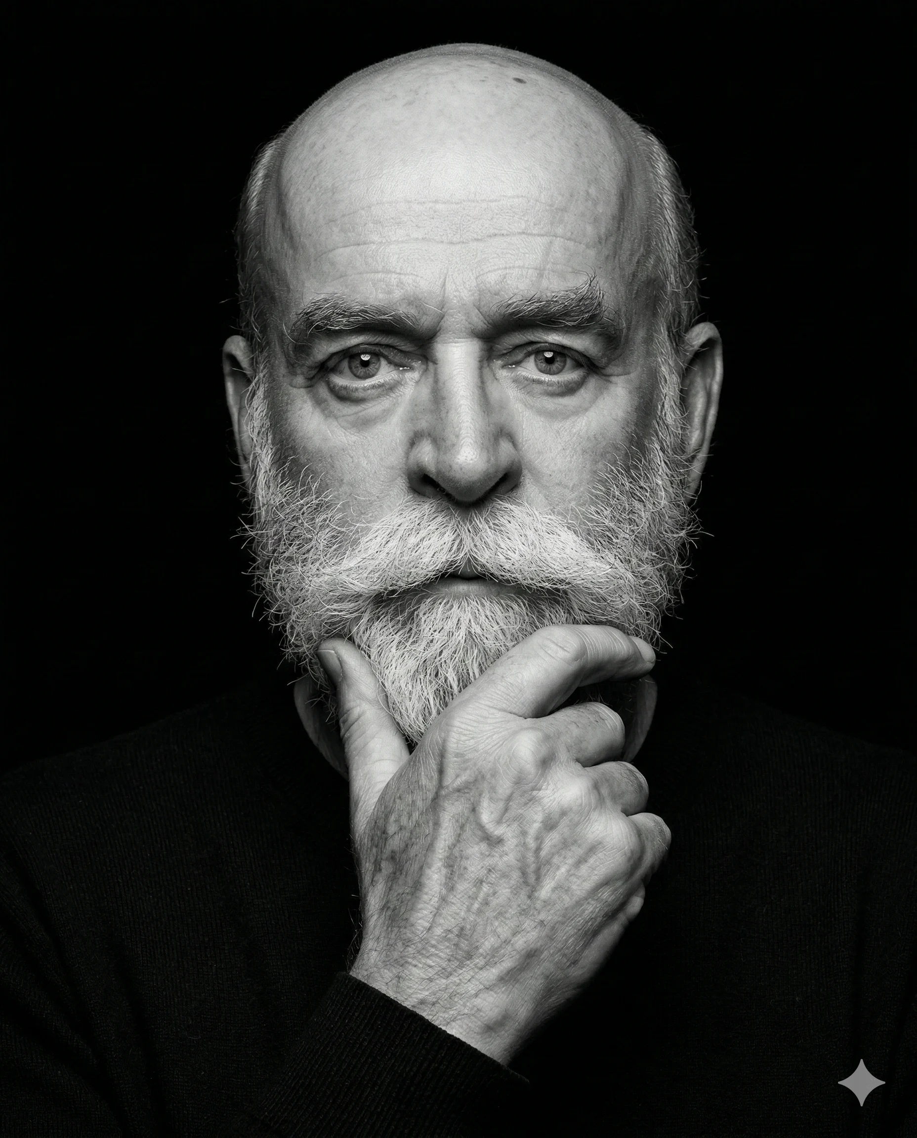 Thoughtful Bearded Man B&W AI Photo Editing Prompt. AI generated high-contrast studio portrait of an elderly bald man with a full white beard resting his hand on his chin.