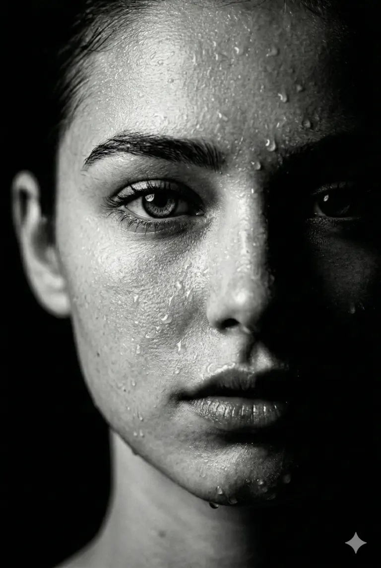 Woman with Water Droplets AI Photo Editing Prompt. AI generated high-contrast portrait of a woman's face covered in realistic water droplets with dramatic chiaroscuro lighting.
