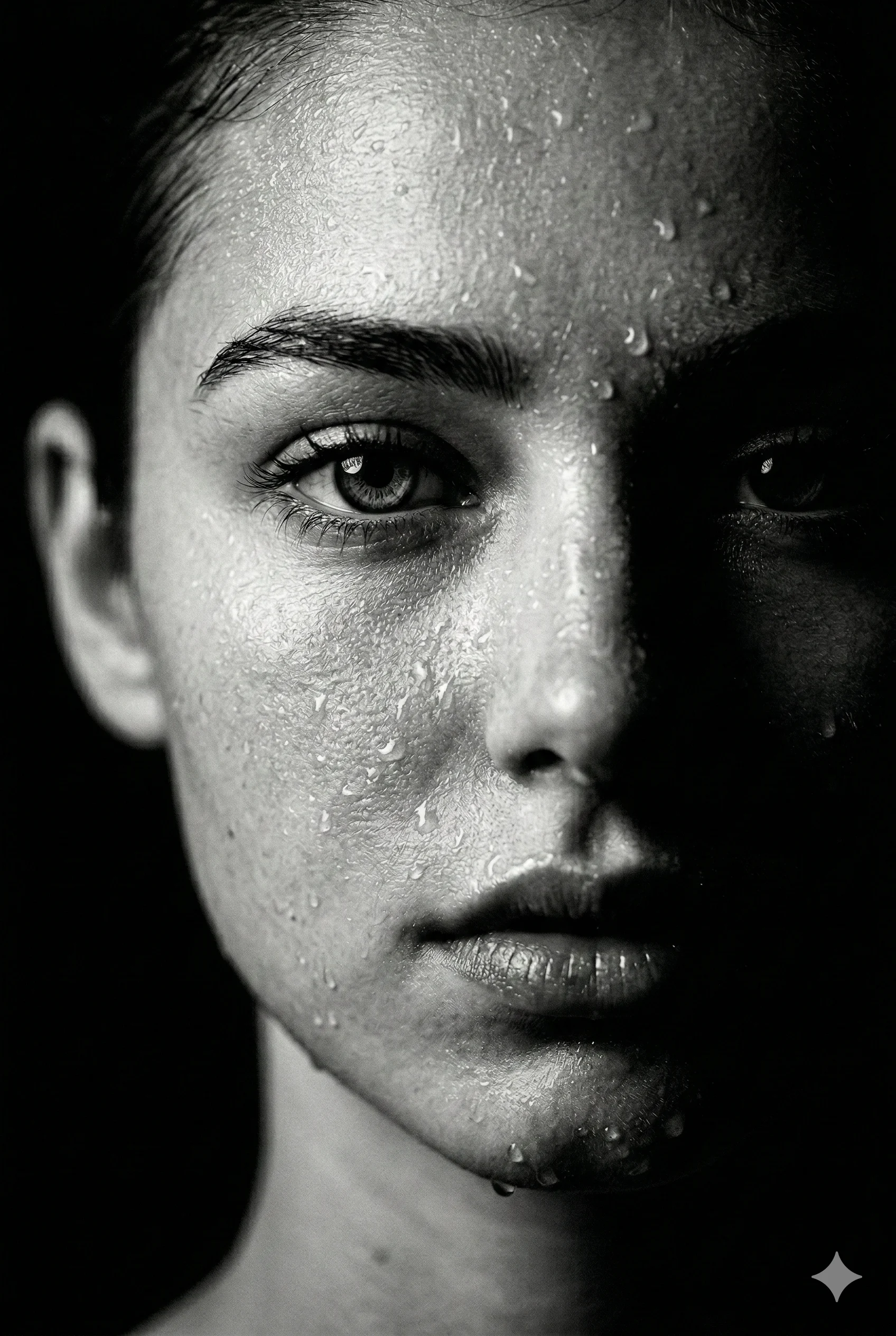 Woman with Water Droplets AI Photo Editing Prompt. AI generated high-contrast portrait of a woman's face covered in realistic water droplets with dramatic chiaroscuro lighting.