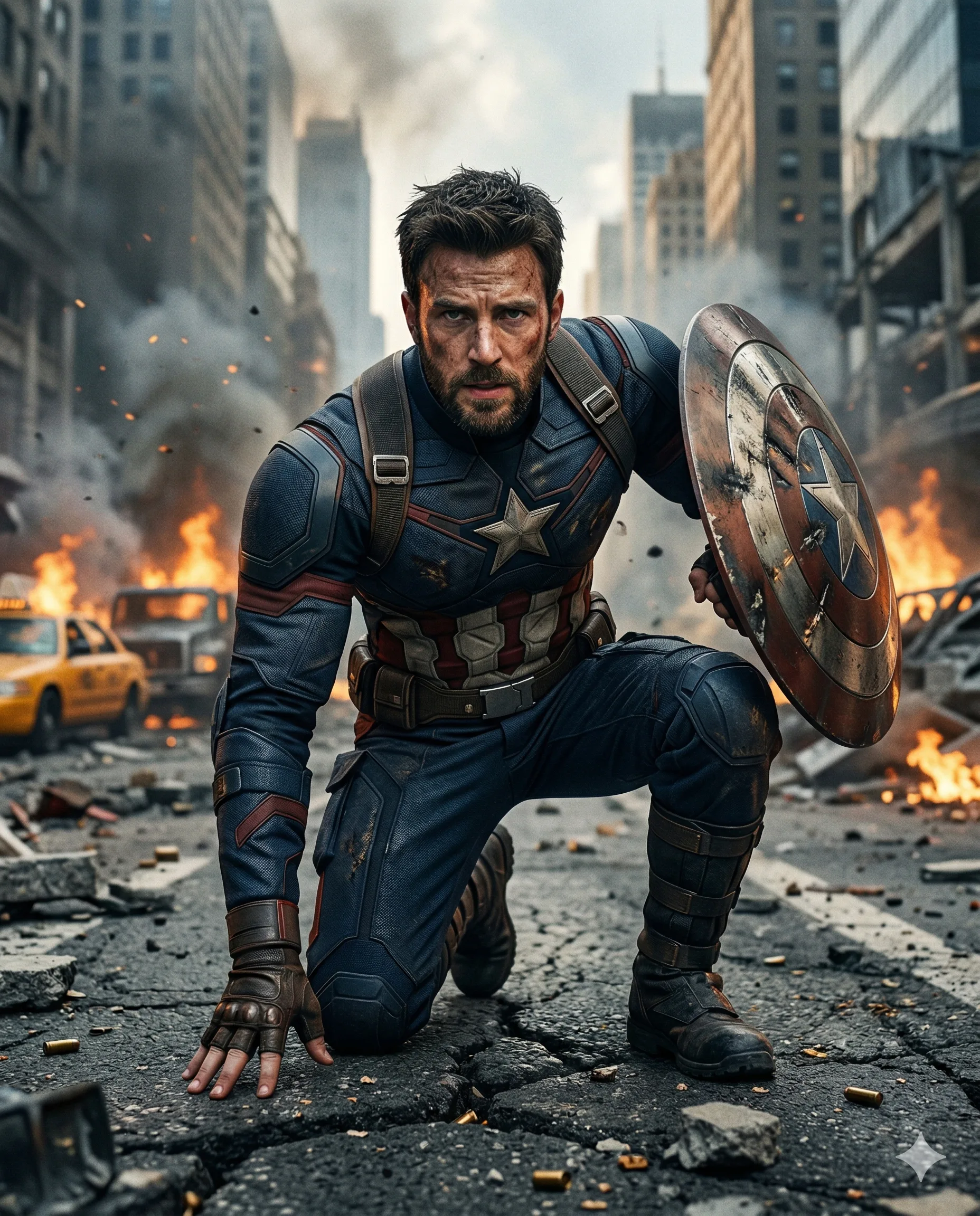 Captain America in Warzone Fanart Prompt. AI generated cinematic digital illustration of a bearded Captain America kneeling on a war-torn city street surrounded by rubble, fire, and smoke while holding his shield.