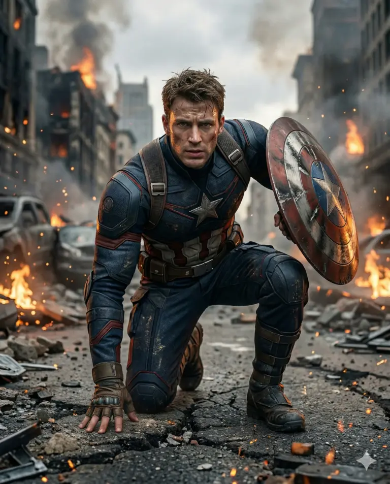 Captain America in Battle AI Photo Editing Prompt. AI generated cinematic digital illustration of Captain America kneeling in a devastated city street with his iconic shield amidst fire and smoke.