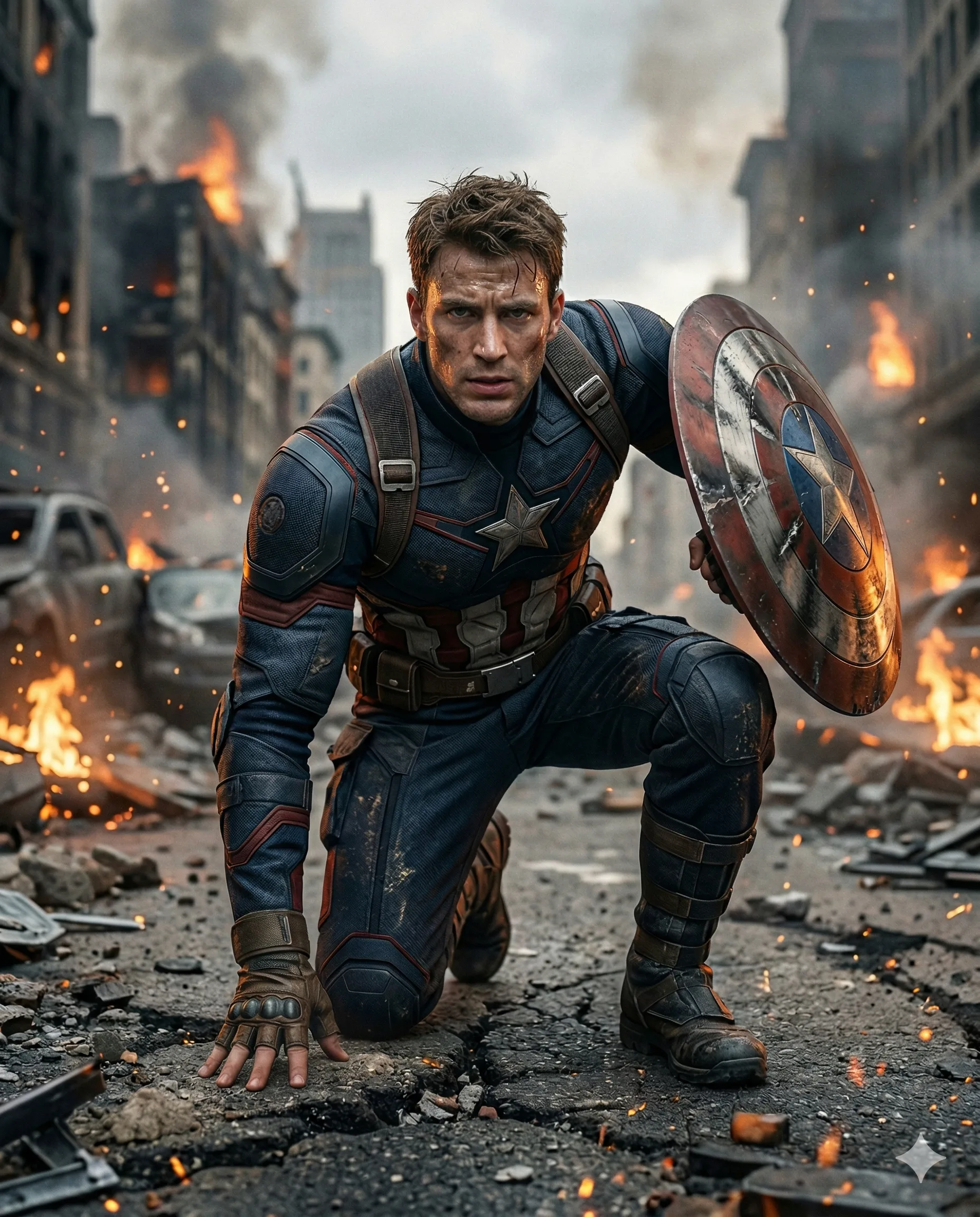 Captain America in Battle AI Photo Editing Prompt. AI generated cinematic digital illustration of Captain America kneeling in a devastated city street with his iconic shield amidst fire and smoke.